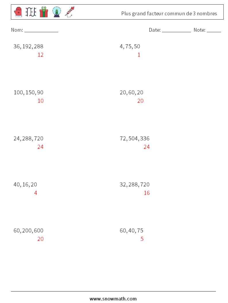 Plus grand facteur commun de 3 nombres Fiches d'Exercices de Mathématiques 8 Question, Réponse