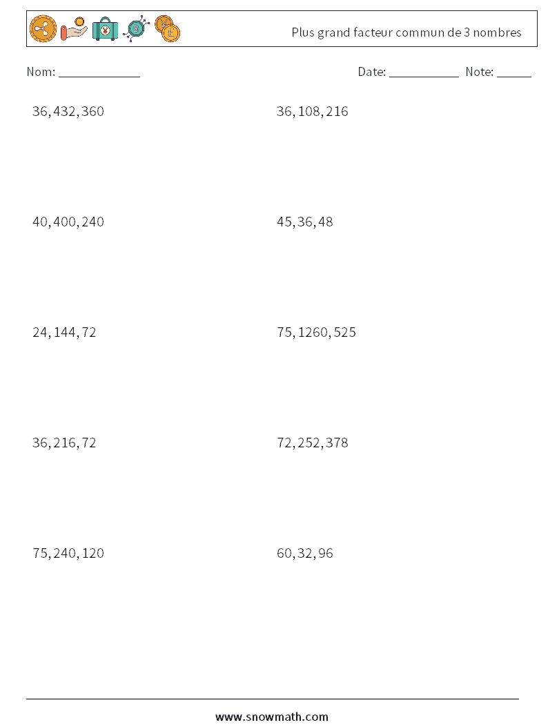 Plus grand facteur commun de 3 nombres Fiches d'Exercices de Mathématiques 9