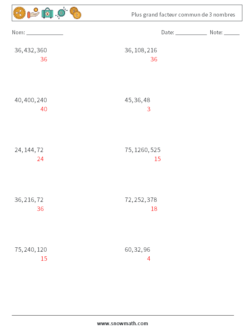 Plus grand facteur commun de 3 nombres Fiches d'Exercices de Mathématiques 9 Question, Réponse