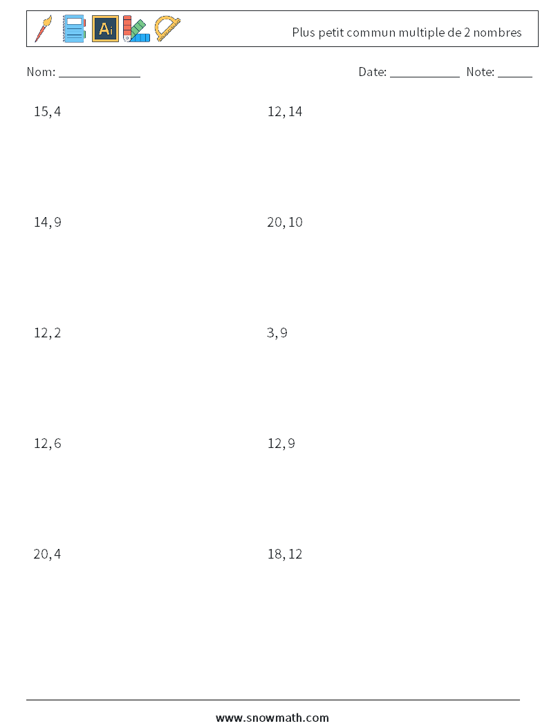 Plus petit commun multiple de 2 nombres Fiches d'Exercices de Mathématiques 1