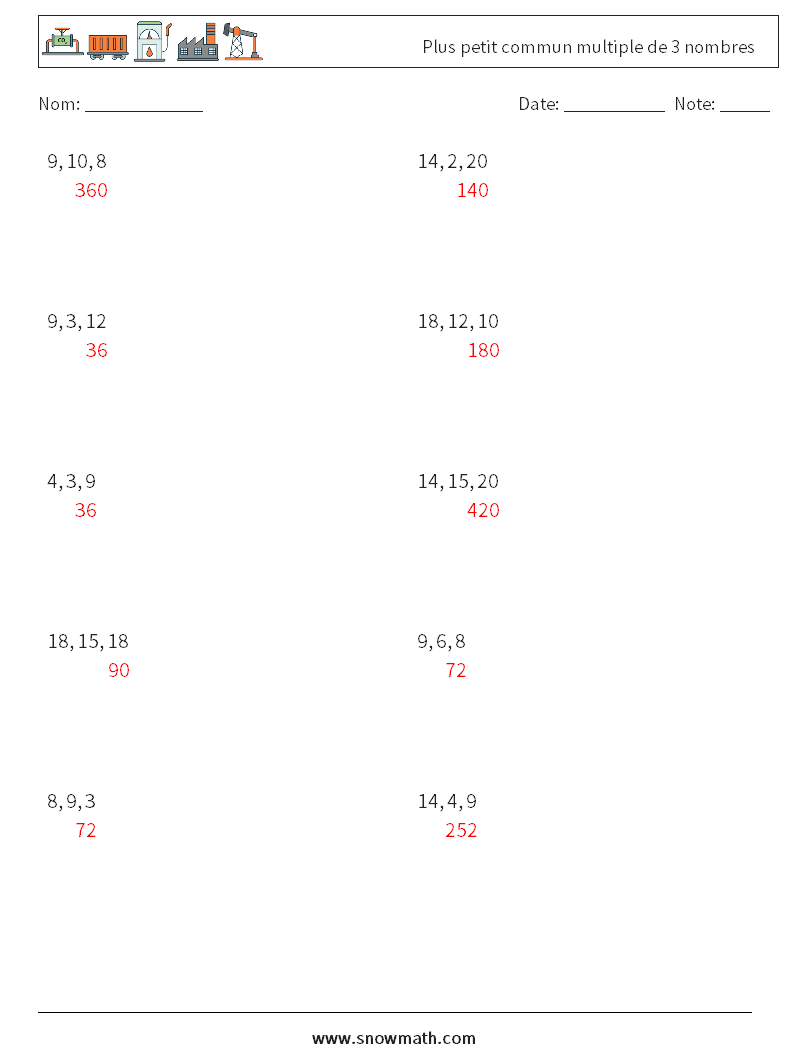 Plus petit commun multiple de 3 nombres Fiches d'Exercices de Mathématiques 1 Question, Réponse