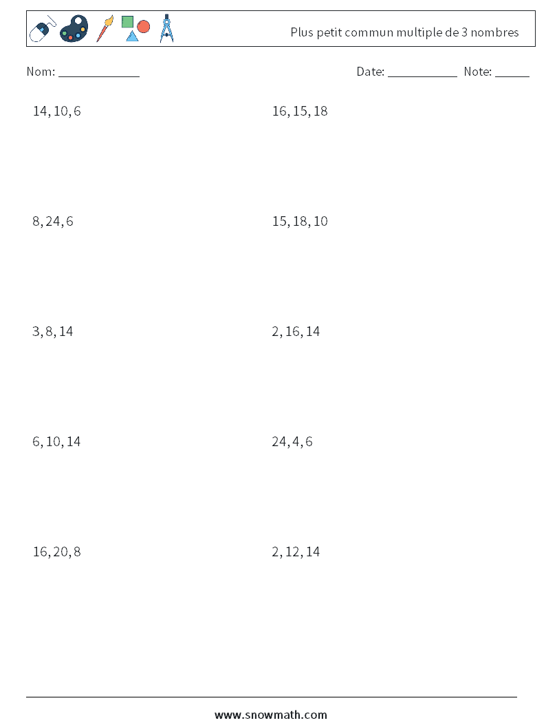 Plus petit commun multiple de 3 nombres Fiches d'Exercices de Mathématiques 2