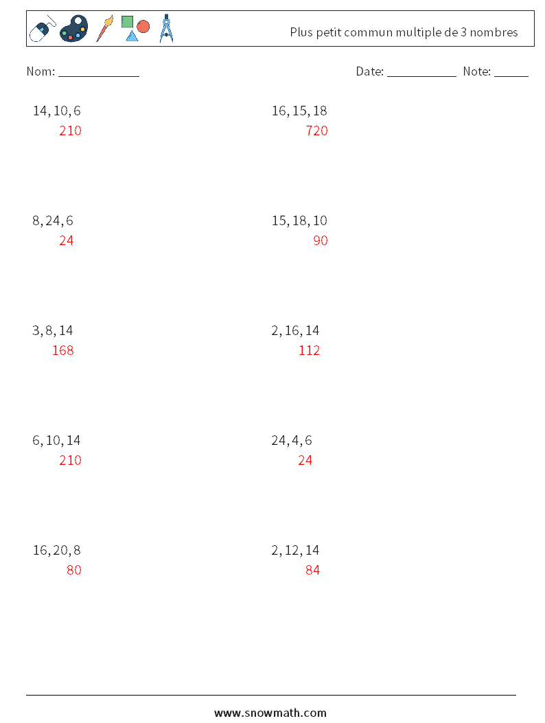 Plus petit commun multiple de 3 nombres Fiches d'Exercices de Mathématiques 2 Question, Réponse