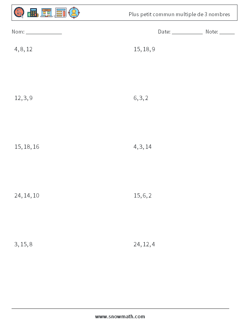 Plus petit commun multiple de 3 nombres Fiches d'Exercices de Mathématiques 3
