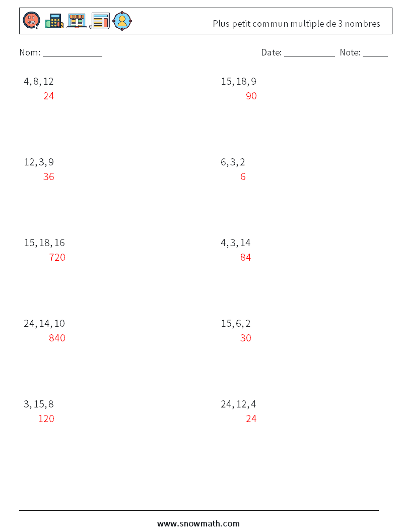 Plus petit commun multiple de 3 nombres Fiches d'Exercices de Mathématiques 3 Question, Réponse