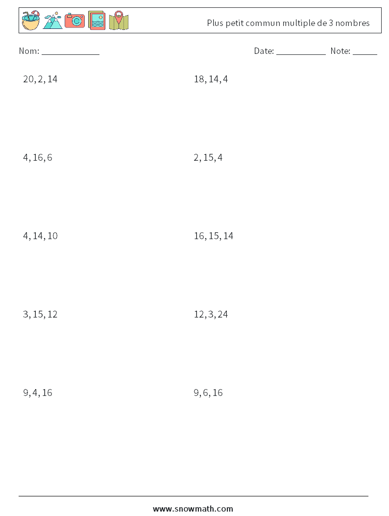 Plus petit commun multiple de 3 nombres Fiches d'Exercices de Mathématiques 4
