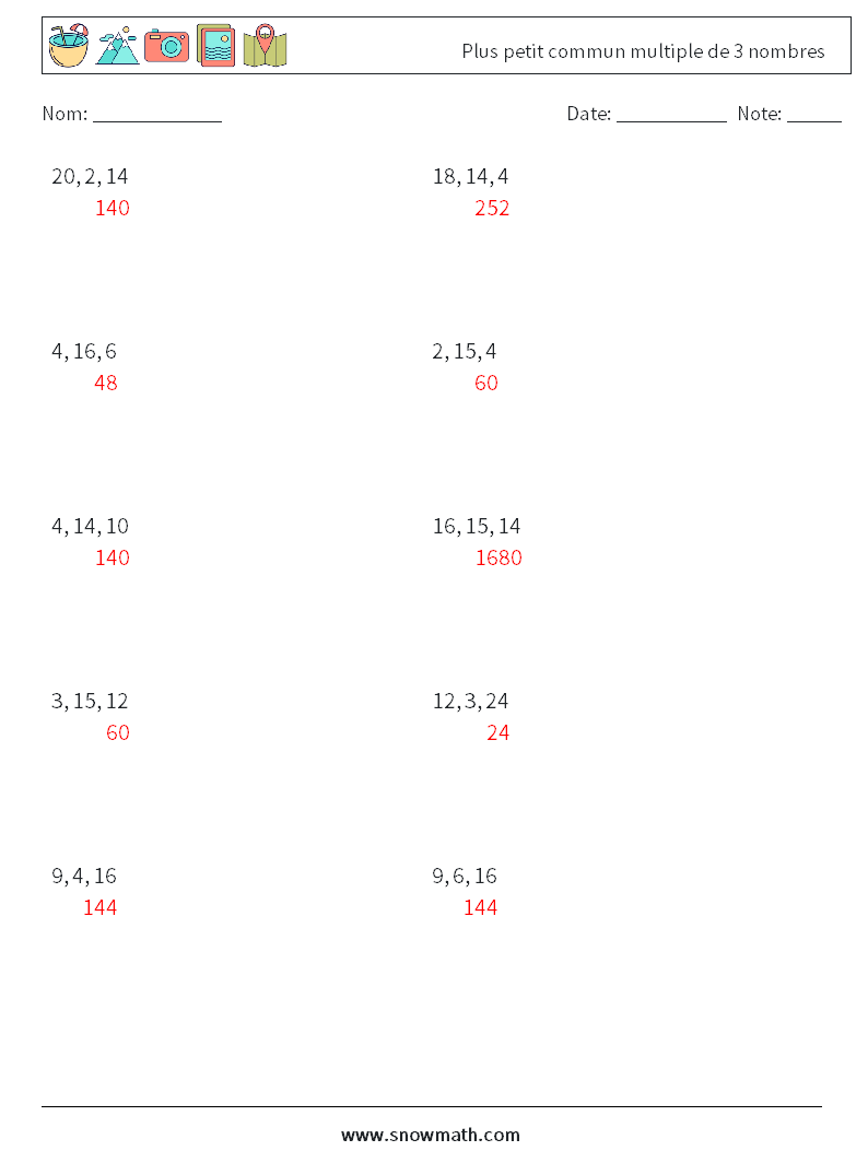 Plus petit commun multiple de 3 nombres Fiches d'Exercices de Mathématiques 4 Question, Réponse