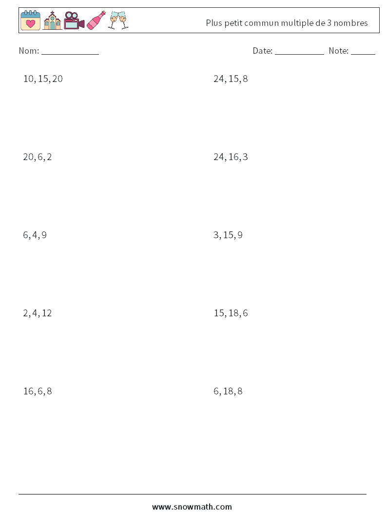 Plus petit commun multiple de 3 nombres Fiches d'Exercices de Mathématiques 5