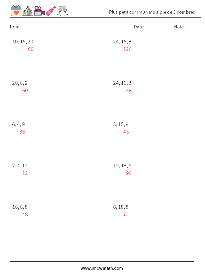 Plus petit commun multiple de 3 nombres Fiches d'Exercices de Mathématiques 5 Question, Réponse