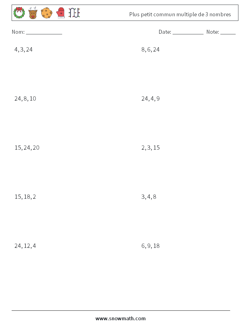 Plus petit commun multiple de 3 nombres Fiches d'Exercices de Mathématiques 7