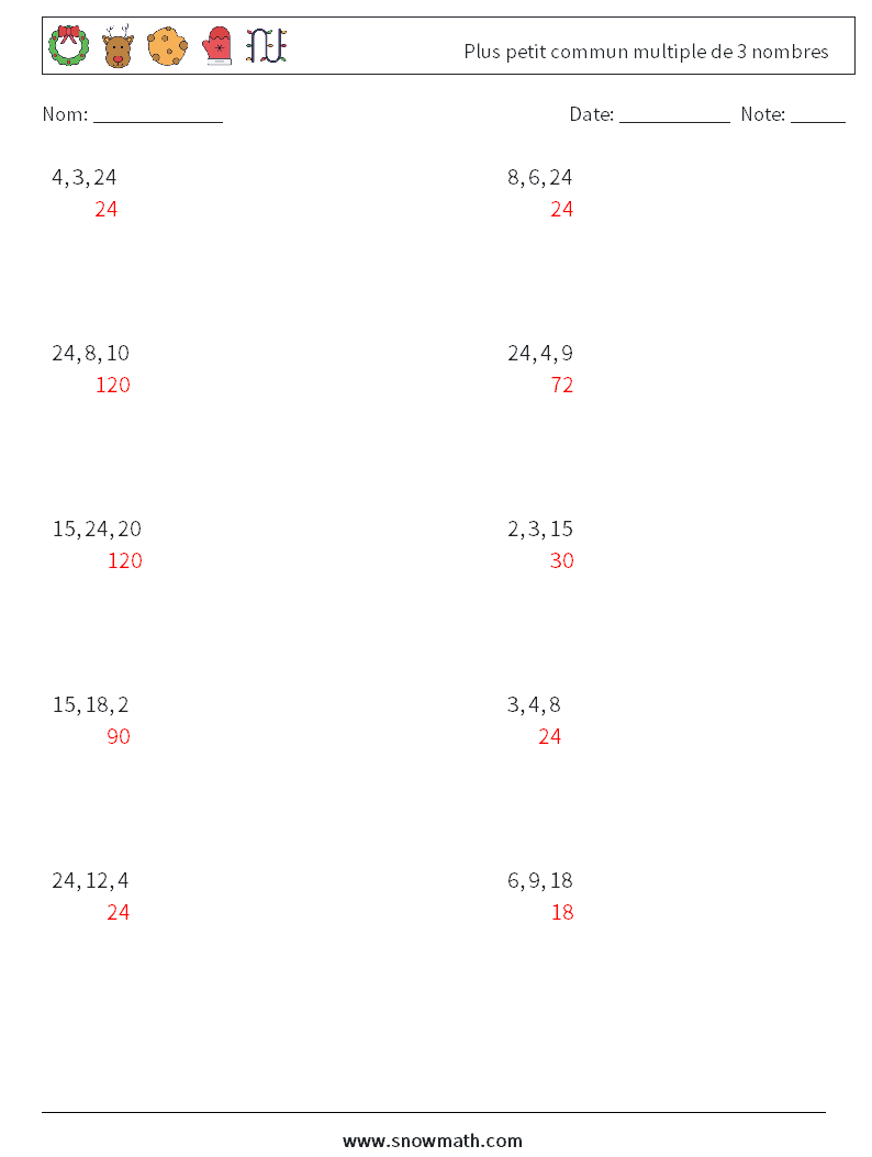 Plus petit commun multiple de 3 nombres Fiches d'Exercices de Mathématiques 7 Question, Réponse