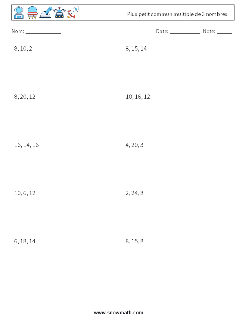 Plus petit commun multiple de 3 nombres Fiches d'Exercices de Mathématiques 8