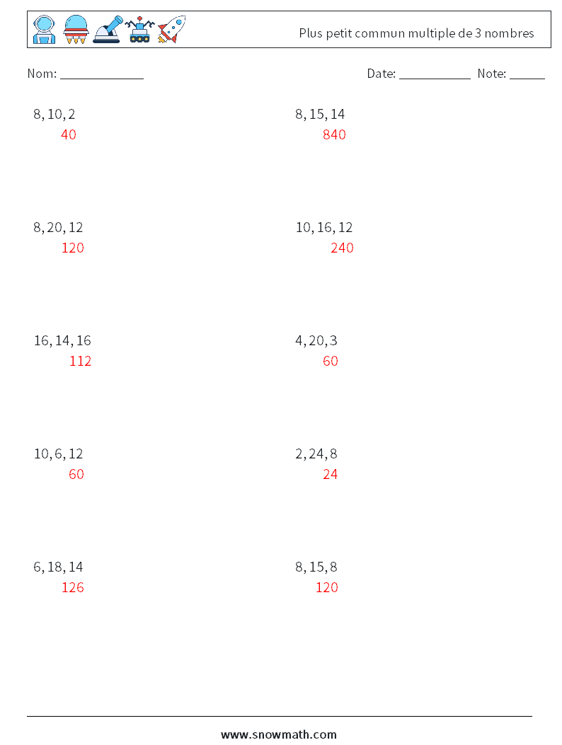 Plus petit commun multiple de 3 nombres Fiches d'Exercices de Mathématiques 8 Question, Réponse