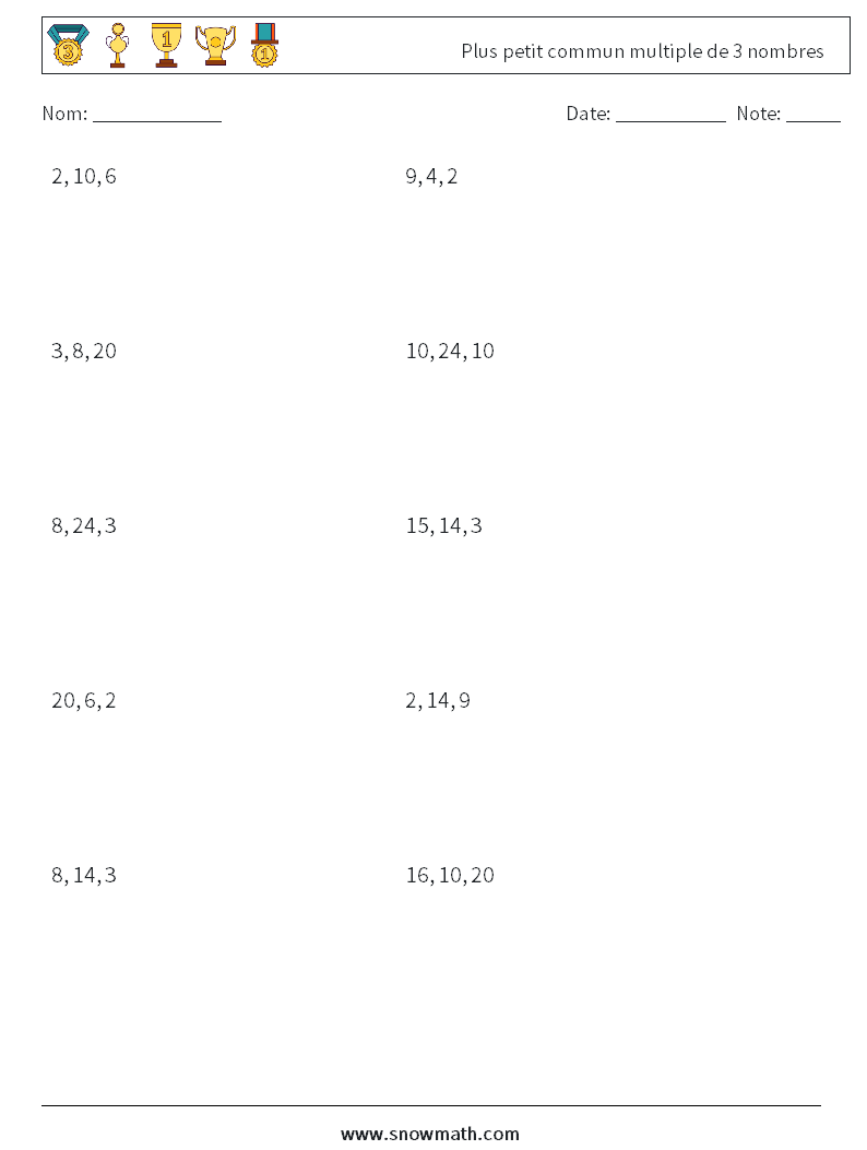 Plus petit commun multiple de 3 nombres Fiches d'Exercices de Mathématiques 9