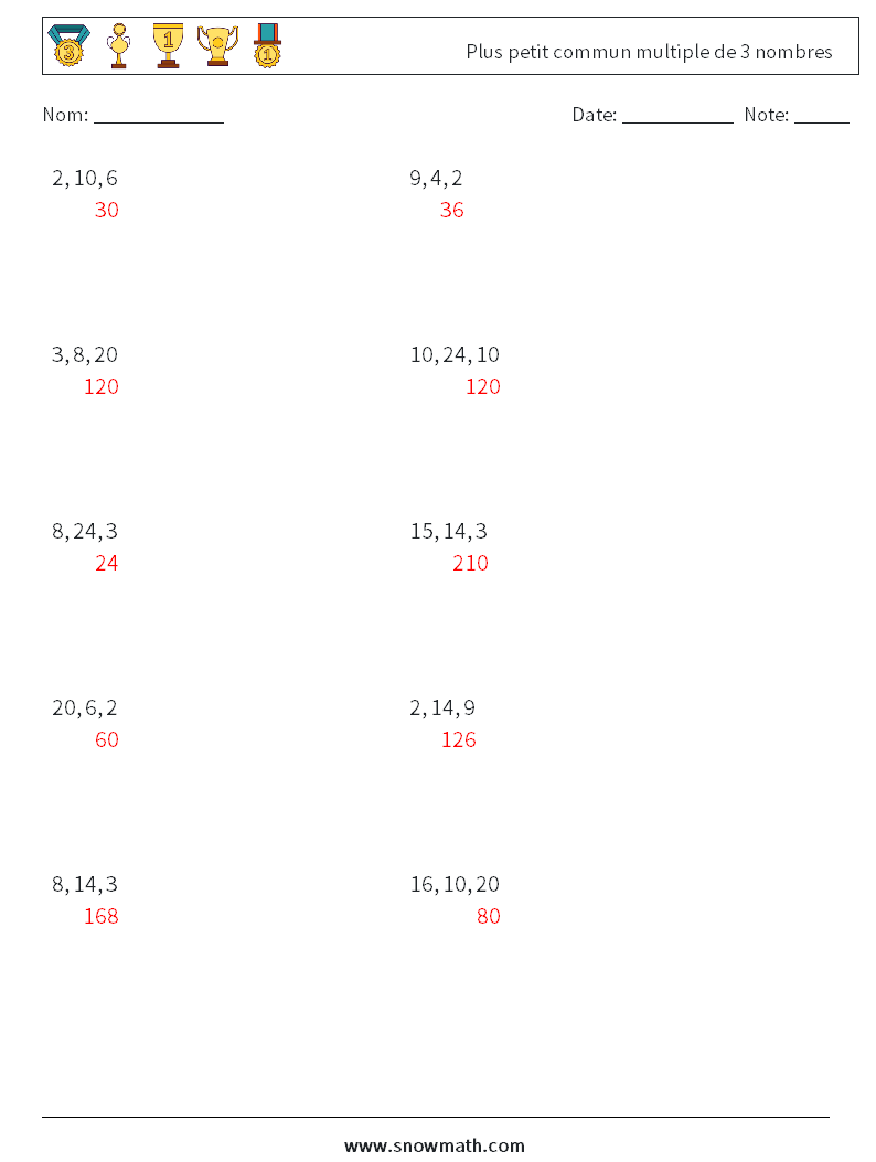 Plus petit commun multiple de 3 nombres Fiches d'Exercices de Mathématiques 9 Question, Réponse