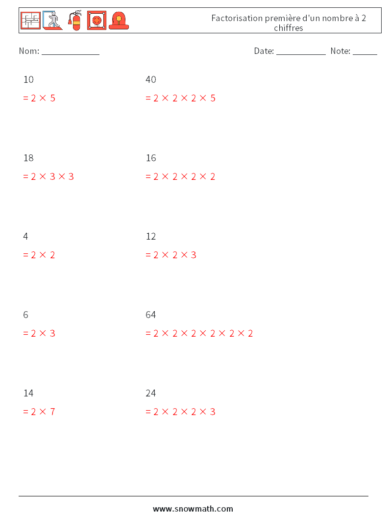 Factorisation première d'un nombre à 2 chiffres Fiches d'Exercices de Mathématiques 1 Question, Réponse