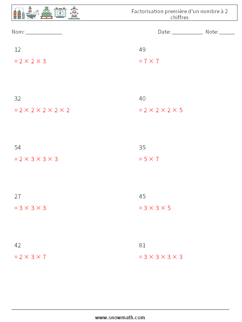 Factorisation première d'un nombre à 2 chiffres Fiches d'Exercices de Mathématiques 2 Question, Réponse