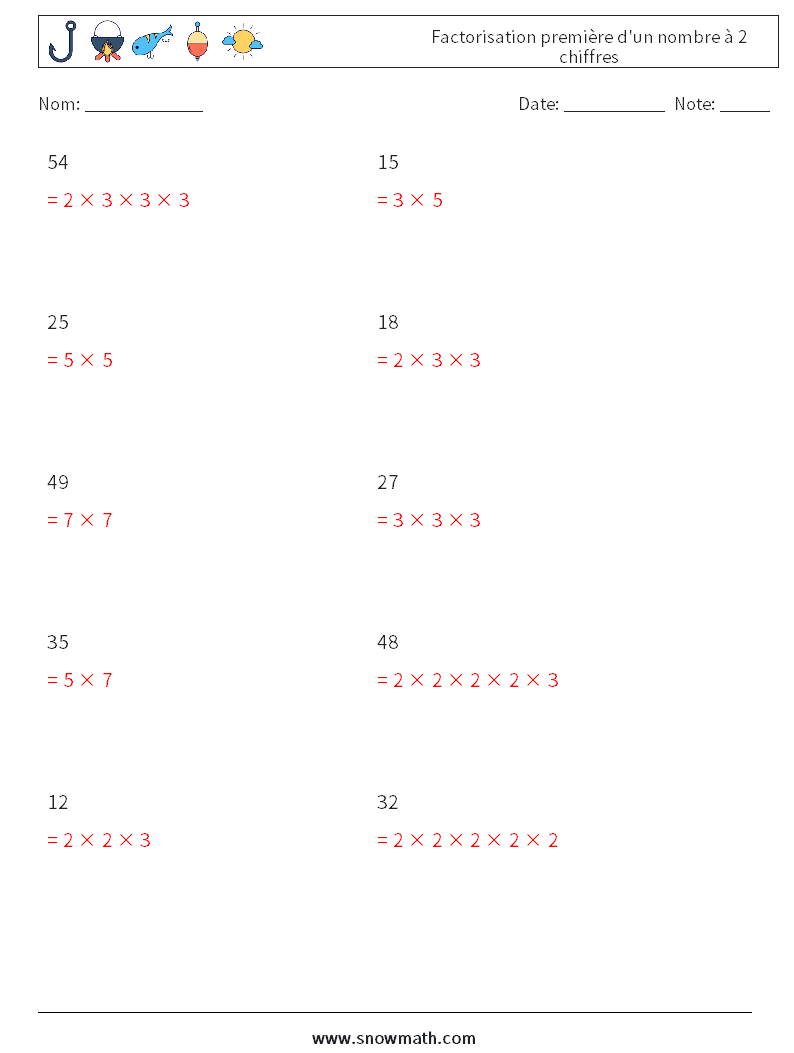 Factorisation première d'un nombre à 2 chiffres Fiches d'Exercices de Mathématiques 3 Question, Réponse