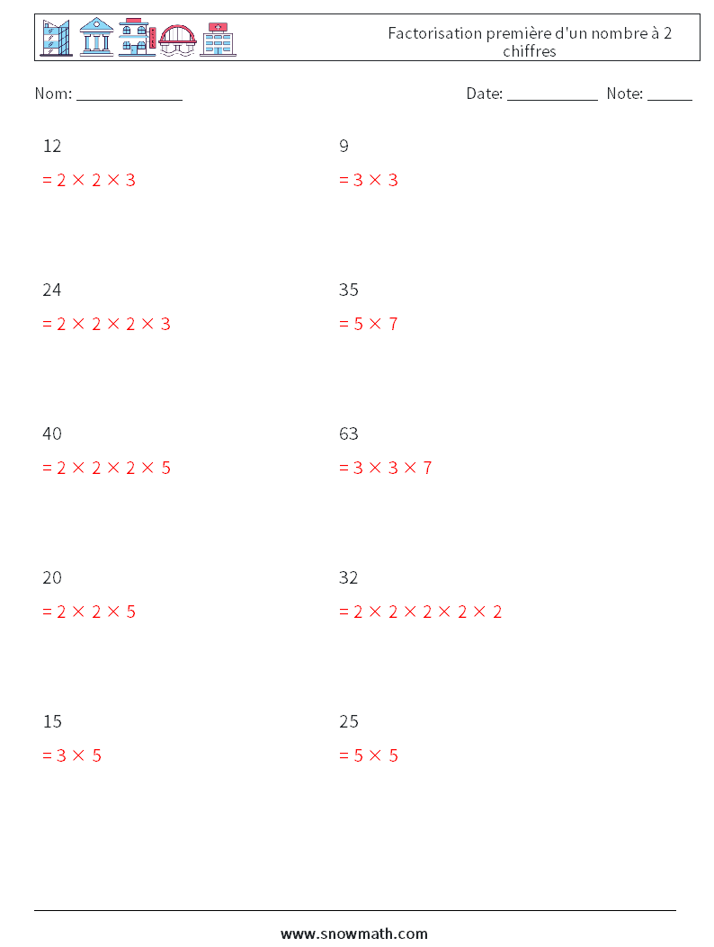 Factorisation première d'un nombre à 2 chiffres Fiches d'Exercices de Mathématiques 4 Question, Réponse