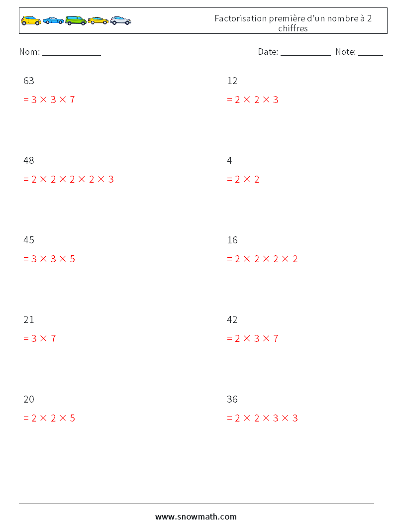 Factorisation première d'un nombre à 2 chiffres Fiches d'Exercices de Mathématiques 5 Question, Réponse