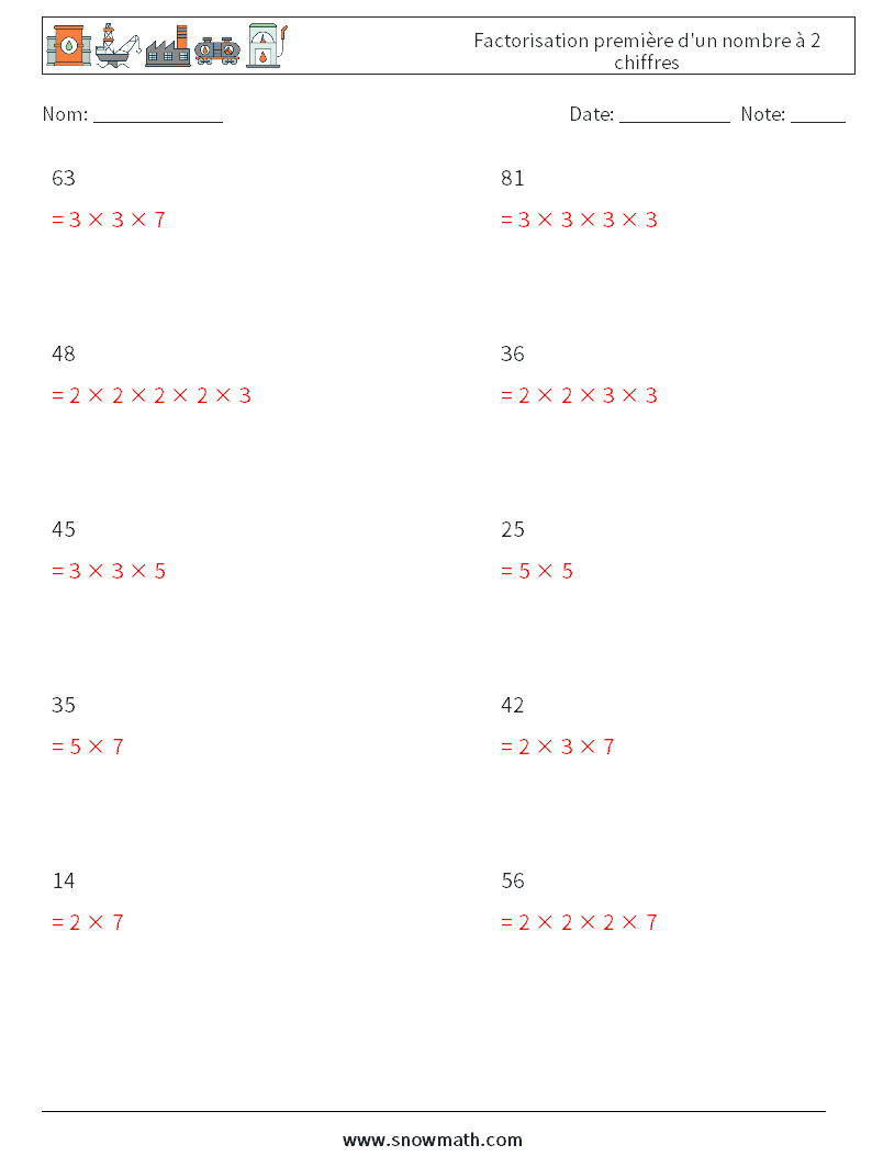 Factorisation première d'un nombre à 2 chiffres Fiches d'Exercices de Mathématiques 6 Question, Réponse