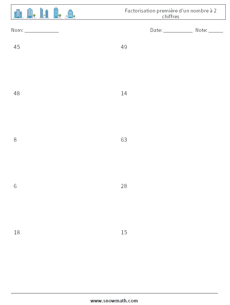 Factorisation première d'un nombre à 2 chiffres Fiches d'Exercices de Mathématiques 7
