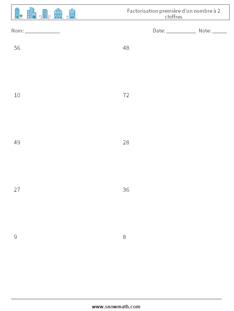 Factorisation première d'un nombre à 2 chiffres Fiches d'Exercices de Mathématiques 8