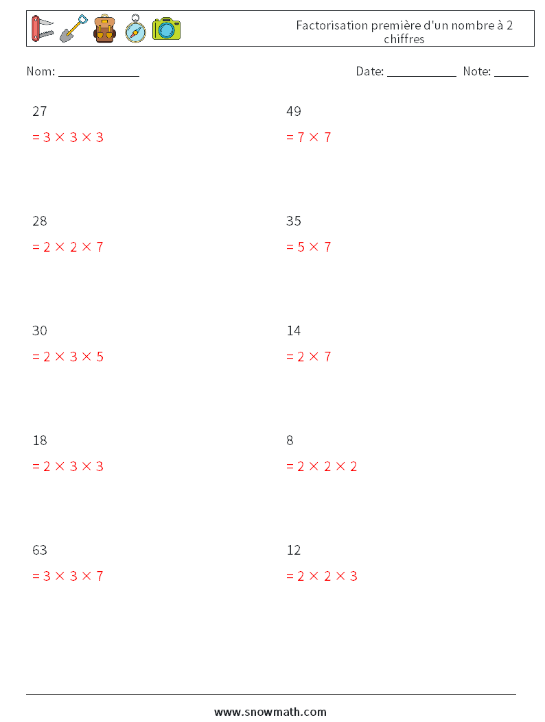 Factorisation première d'un nombre à 2 chiffres Fiches d'Exercices de Mathématiques 9 Question, Réponse