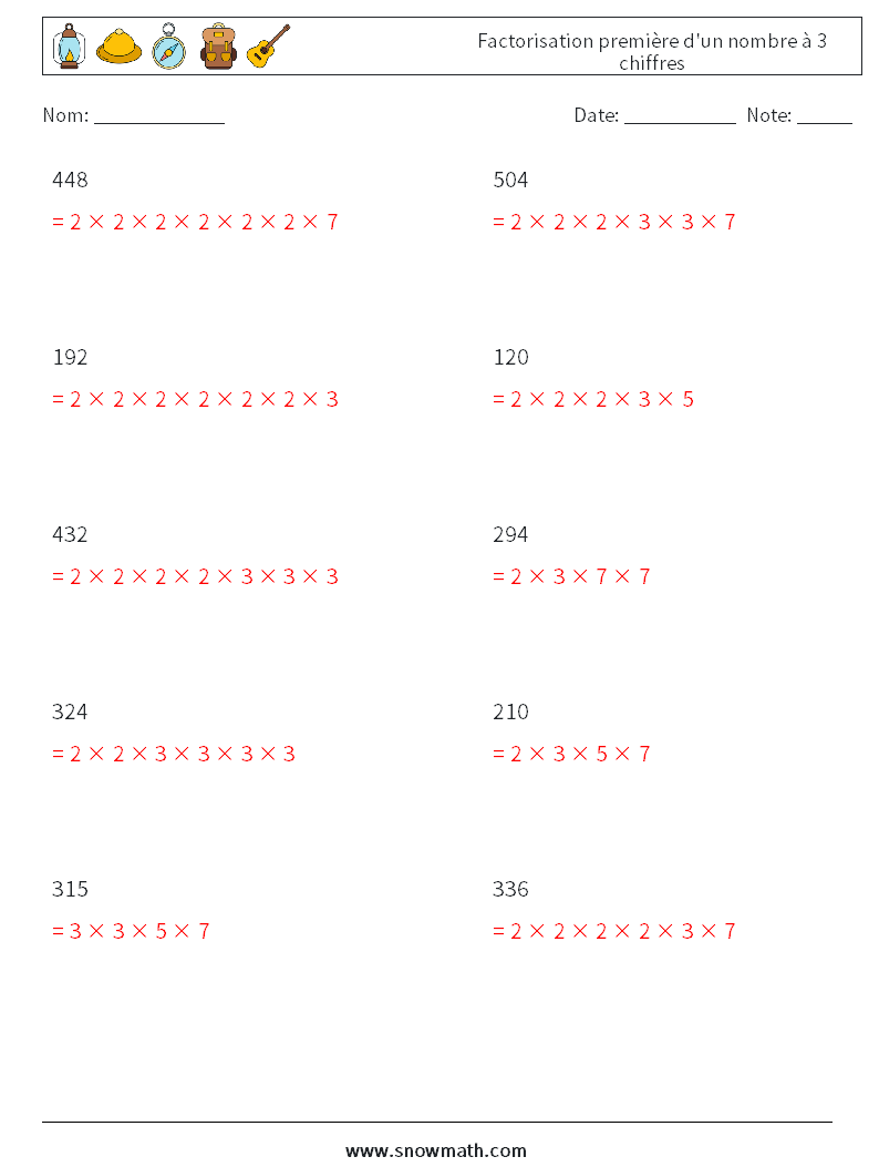 Factorisation première d'un nombre à 3 chiffres Fiches d'Exercices de Mathématiques 1 Question, Réponse