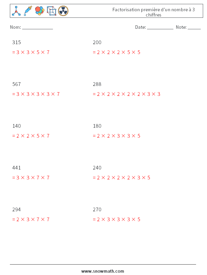 Factorisation première d'un nombre à 3 chiffres Fiches d'Exercices de Mathématiques 4 Question, Réponse