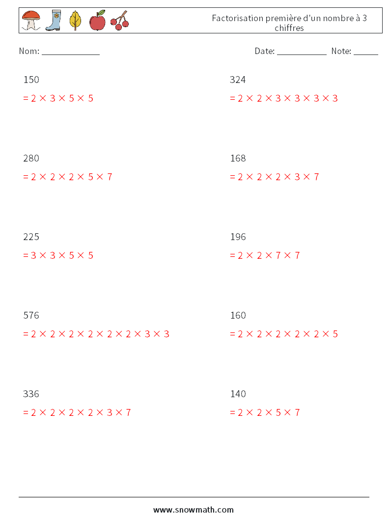 Factorisation première d'un nombre à 3 chiffres Fiches d'Exercices de Mathématiques 5 Question, Réponse