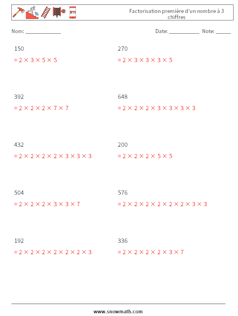 Factorisation première d'un nombre à 3 chiffres Fiches d'Exercices de Mathématiques 6 Question, Réponse