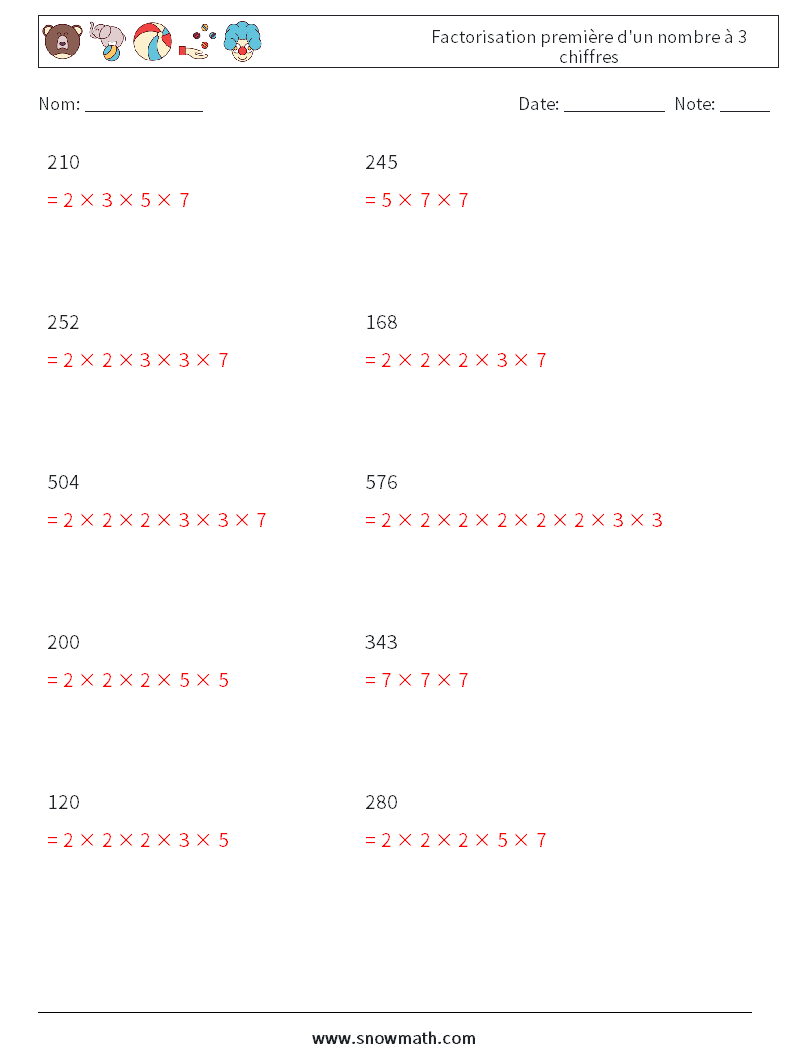 Factorisation première d'un nombre à 3 chiffres Fiches d'Exercices de Mathématiques 7 Question, Réponse