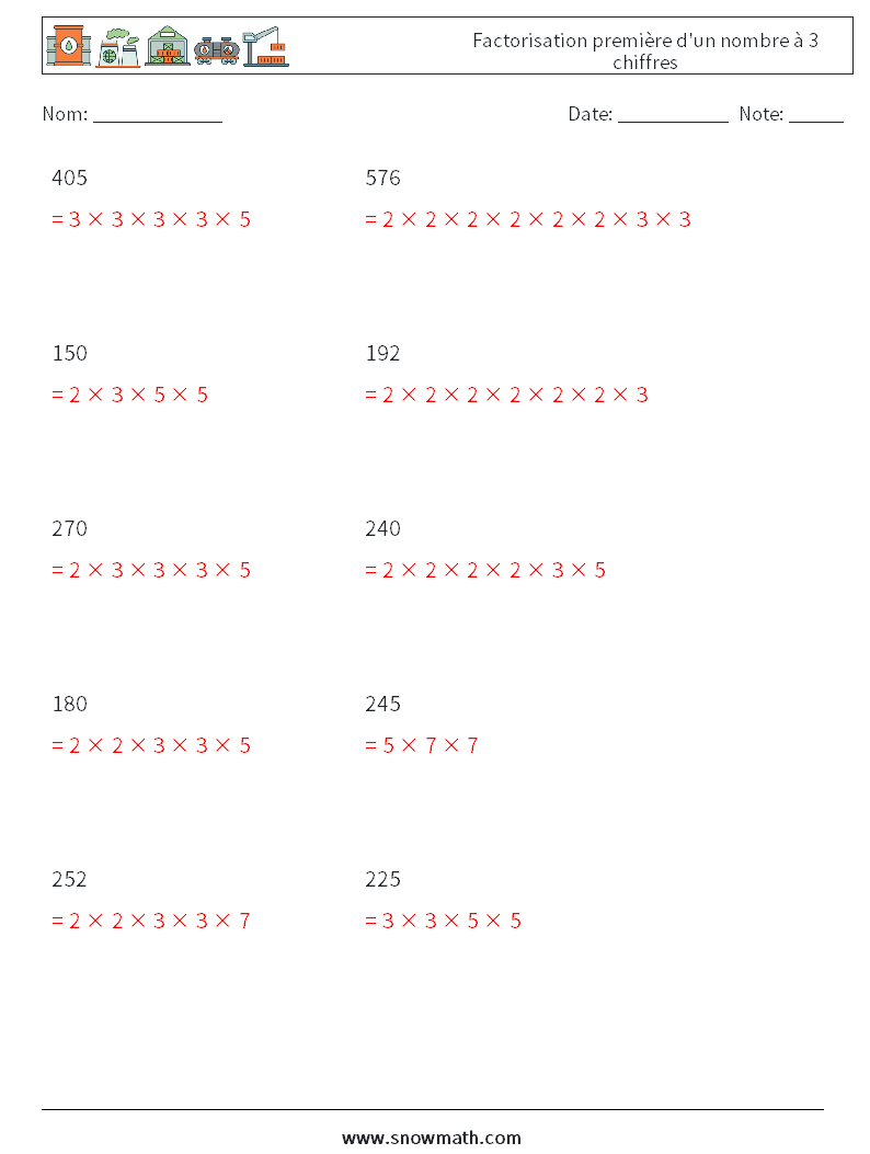 Factorisation première d'un nombre à 3 chiffres Fiches d'Exercices de Mathématiques 9 Question, Réponse