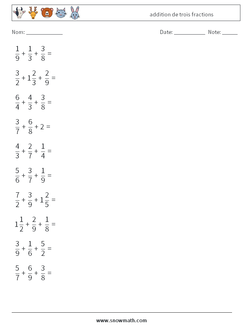 (10) addition de trois fractions Fiches d'Exercices de Mathématiques 1