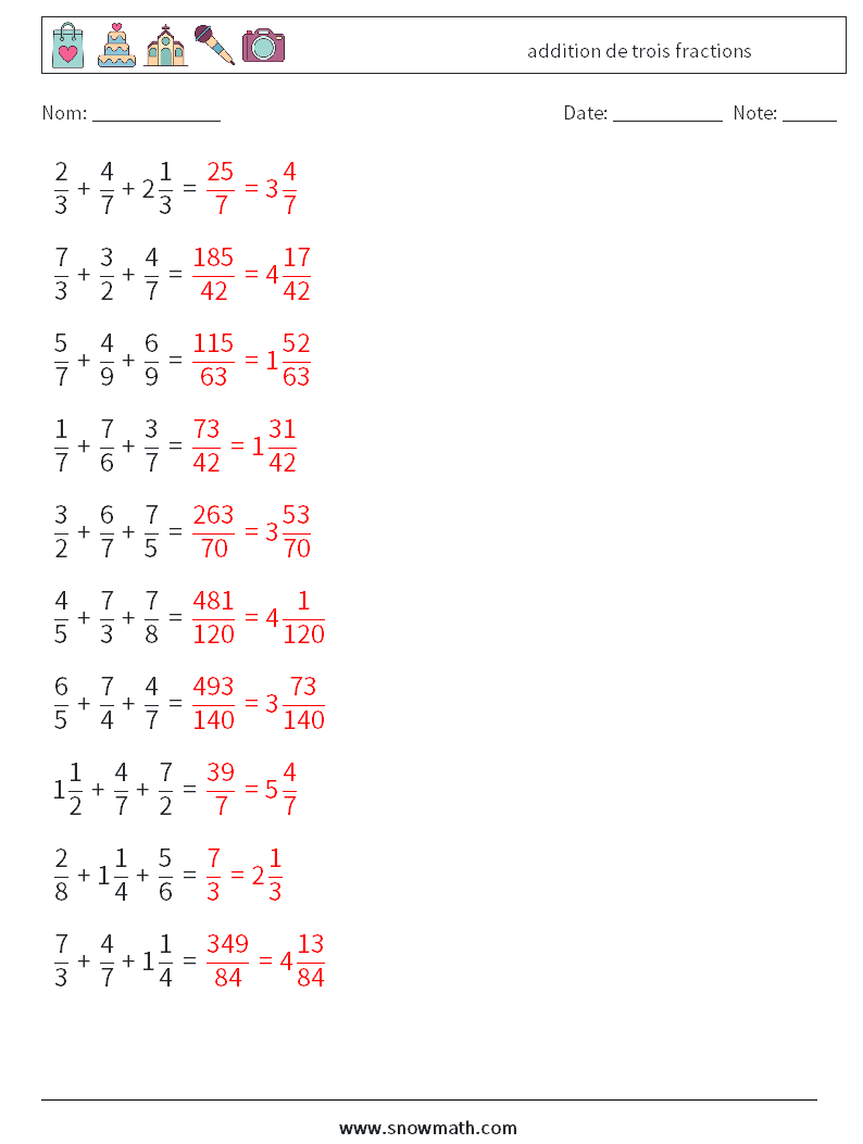 (10) addition de trois fractions Fiches d'Exercices de Mathématiques 10 Question, Réponse