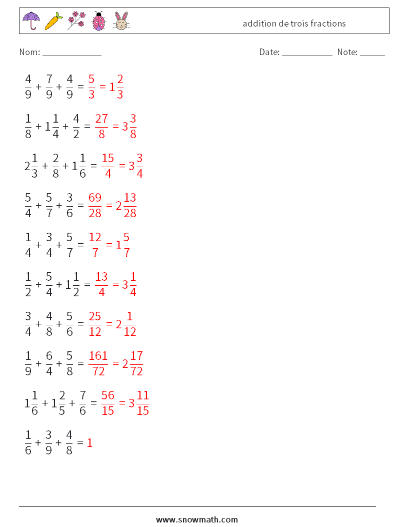 (10) addition de trois fractions Fiches d'Exercices de Mathématiques 11 Question, Réponse