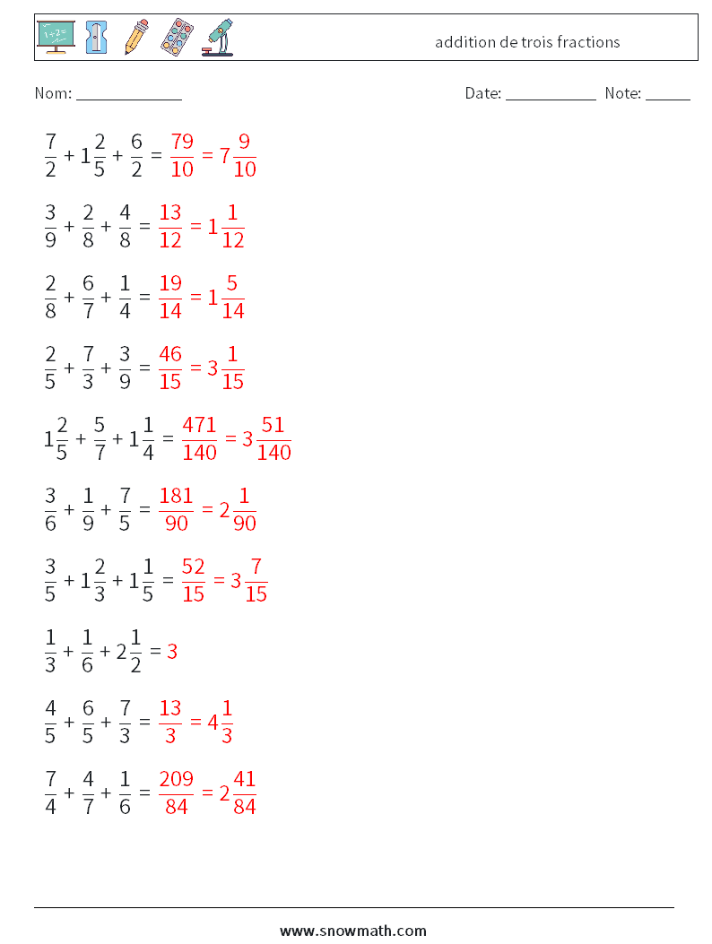 (10) addition de trois fractions Fiches d'Exercices de Mathématiques 12 Question, Réponse