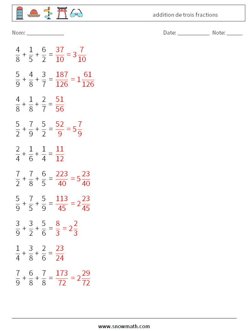 (10) addition de trois fractions Fiches d'Exercices de Mathématiques 16 Question, Réponse