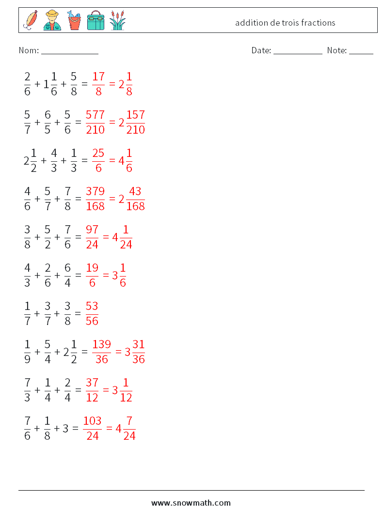 (10) addition de trois fractions Fiches d'Exercices de Mathématiques 17 Question, Réponse