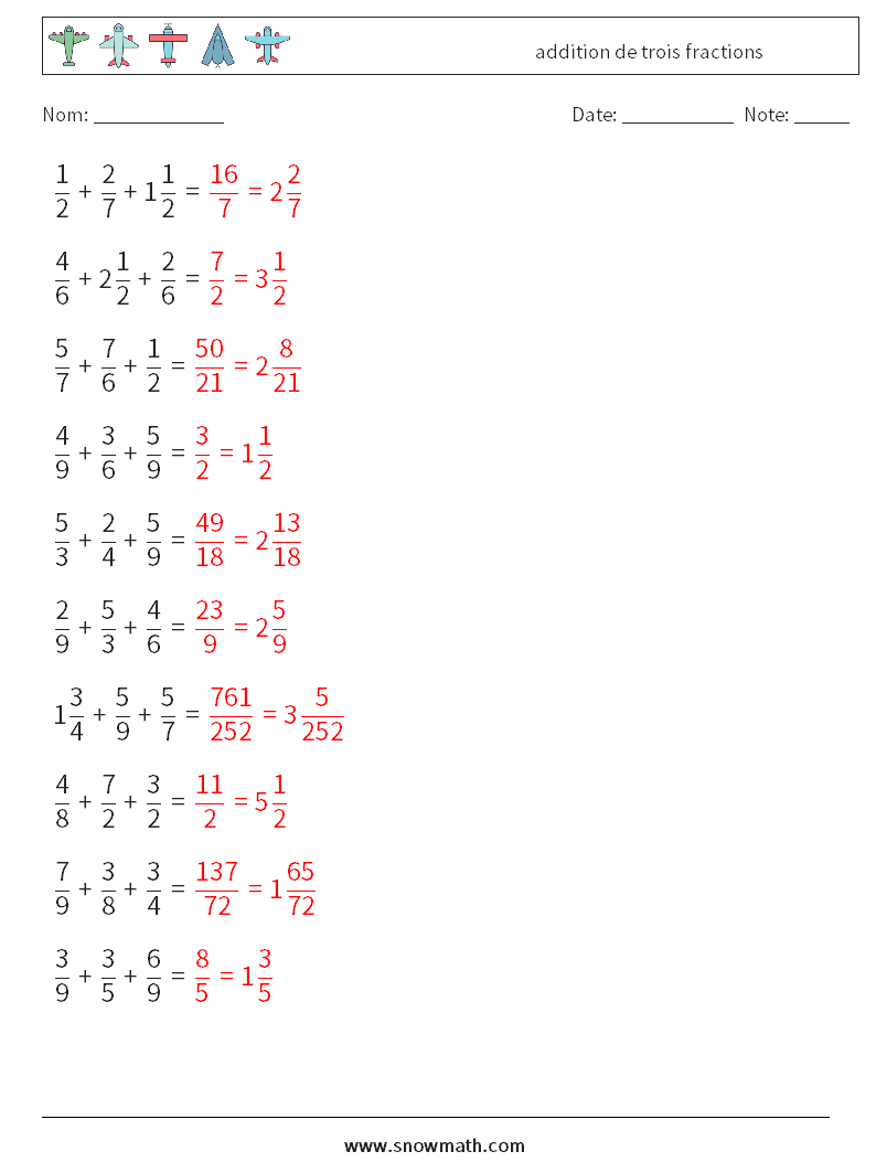 (10) addition de trois fractions Fiches d'Exercices de Mathématiques 18 Question, Réponse