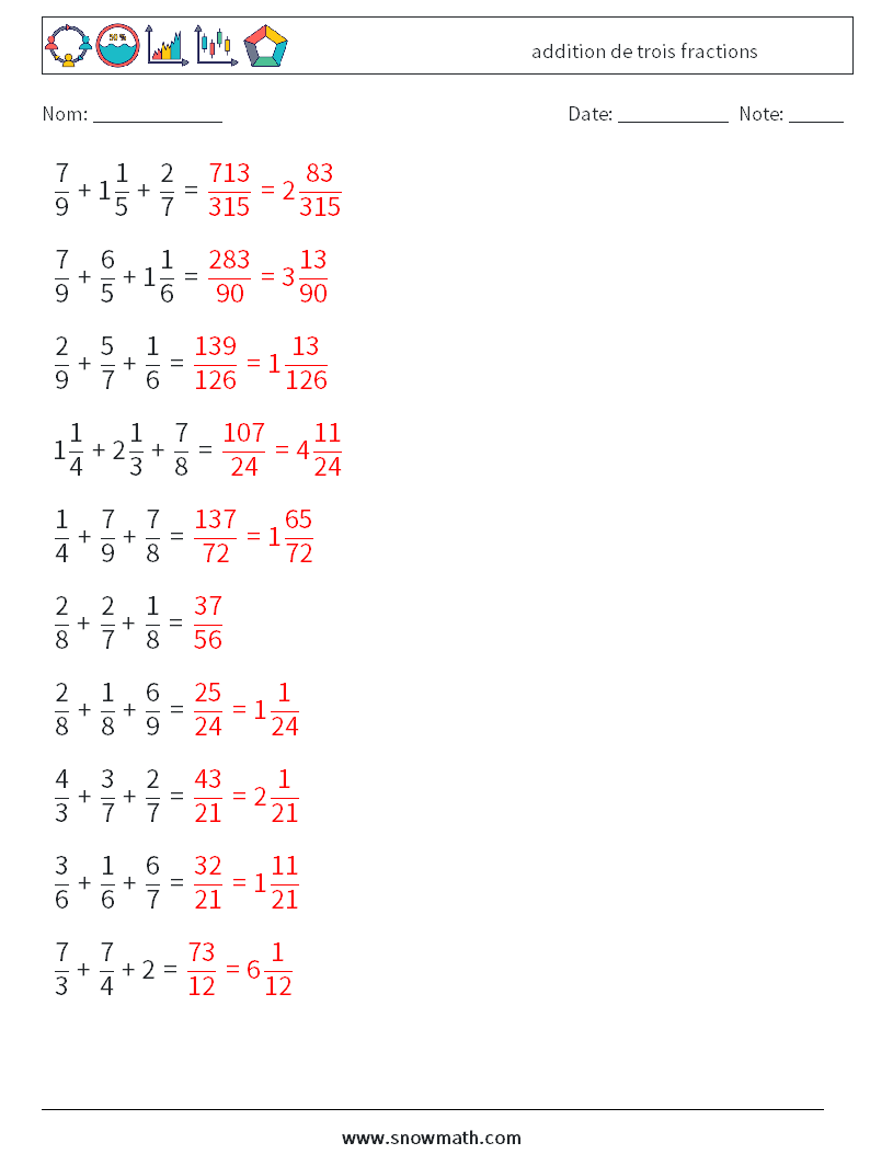 (10) addition de trois fractions Fiches d'Exercices de Mathématiques 5 Question, Réponse