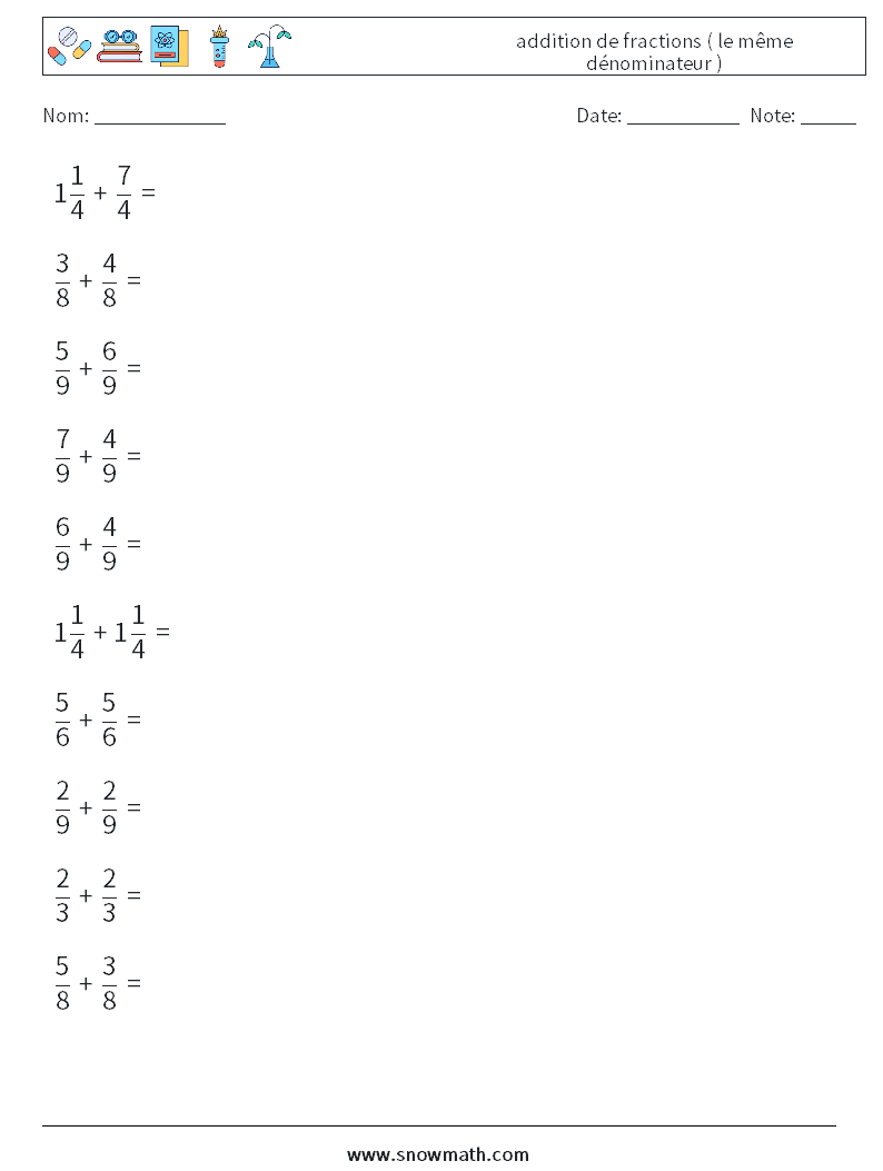 (10) addition de fractions ( le même dénominateur ) Fiches d'Exercices de Mathématiques 14