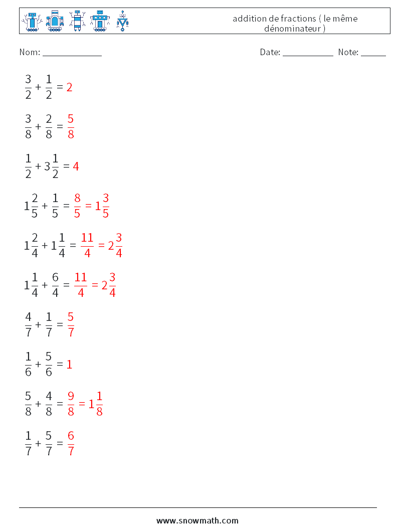 (10) addition de fractions ( le même dénominateur ) Fiches d'Exercices de Mathématiques 7 Question, Réponse