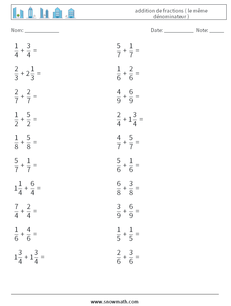 (20) addition de fractions ( le même dénominateur ) Fiches d'Exercices de Mathématiques 1