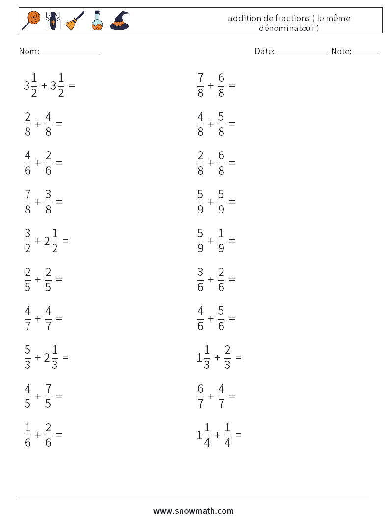 (20) addition de fractions ( le même dénominateur ) Fiches d'Exercices de Mathématiques 10