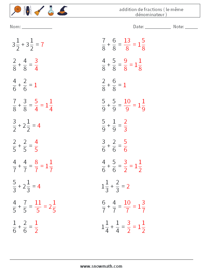 (20) addition de fractions ( le même dénominateur ) Fiches d'Exercices de Mathématiques 10 Question, Réponse