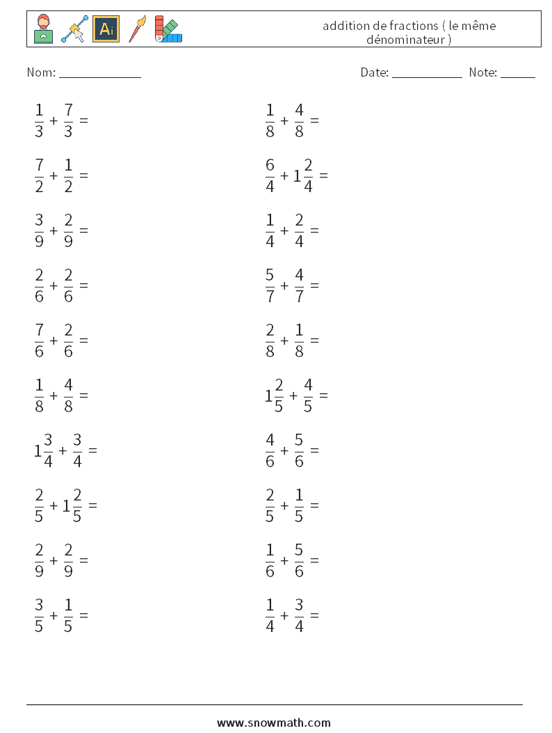 (20) addition de fractions ( le même dénominateur ) Fiches d'Exercices de Mathématiques 11
