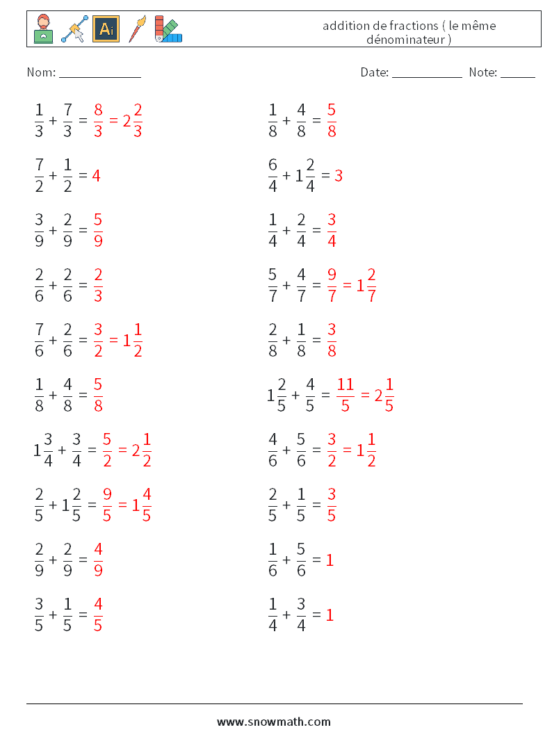 (20) addition de fractions ( le même dénominateur ) Fiches d'Exercices de Mathématiques 11 Question, Réponse