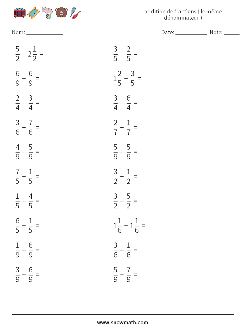 (20) addition de fractions ( le même dénominateur ) Fiches d'Exercices de Mathématiques 12